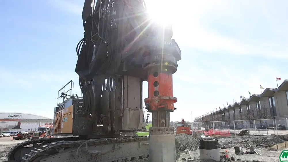 Low angle of a drill rig at the base of the mast